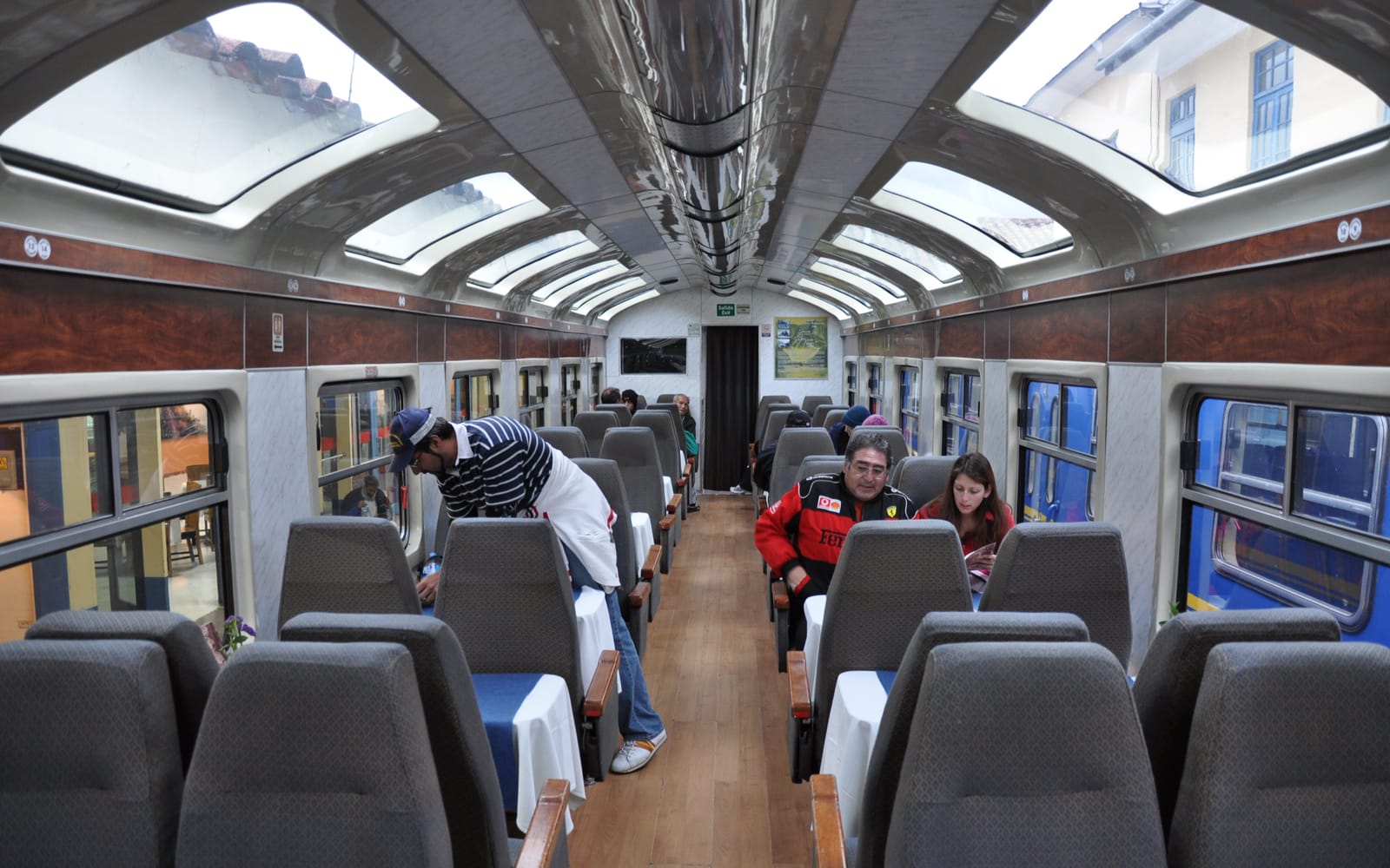 Inside a panoramic train carriage bound for Machu Picchu