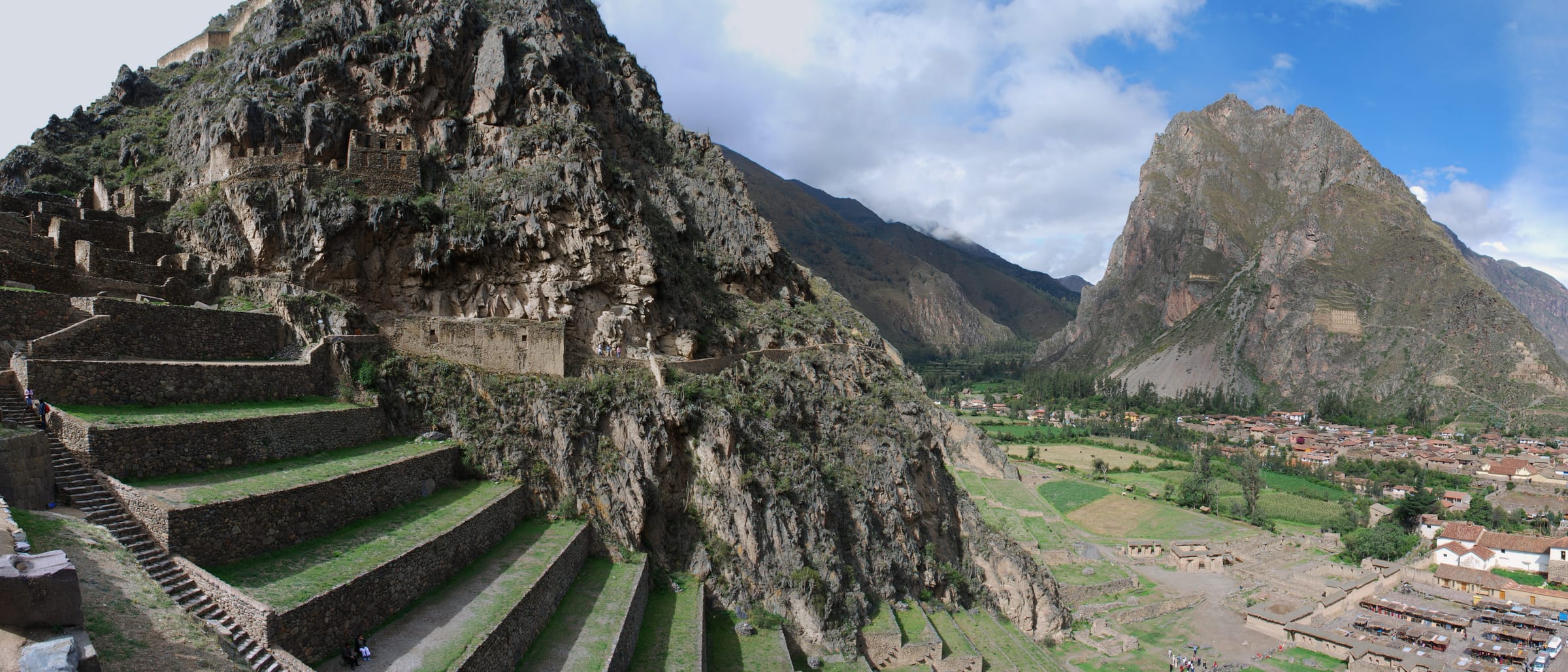 The Inca terraces of Ollantaytambo with the town and Sacred Valley below