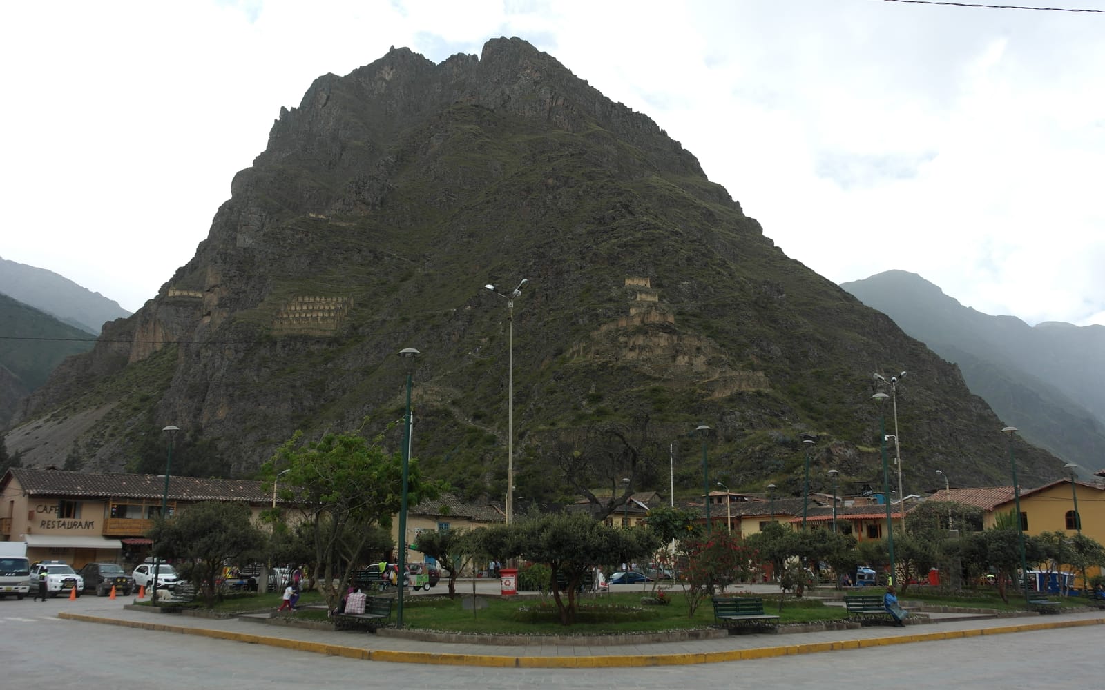 Inca storehouses clinging to the cliffs of Pinkuylluna above Ollantaytambo