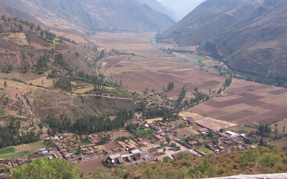 The Urubamba valley road winding between Andean mountains